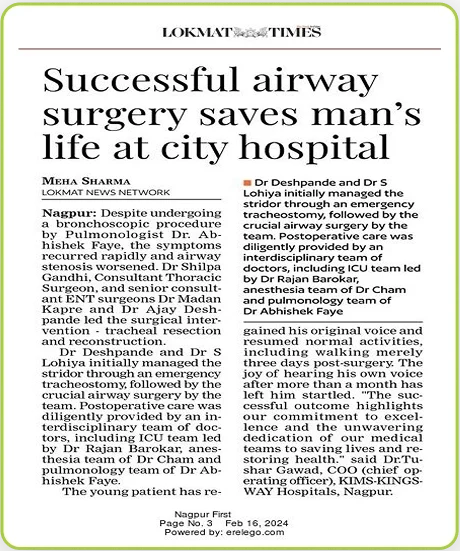 Newspaper clipping highlighting successful airway surgery saving a man’s life