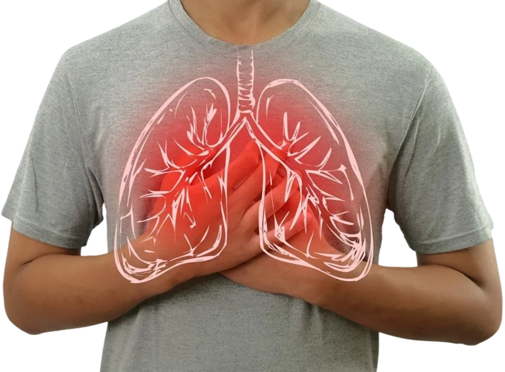 Person holding chest with a glowing lung illustration showing respiratory distress Person holding chest with a glowing lung illustration, showing respiratory distress.