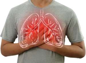 Person holding chest with a glowing lung illustration showing respiratory distress Person holding chest with a glowing lung illustration, showing respiratory distress.