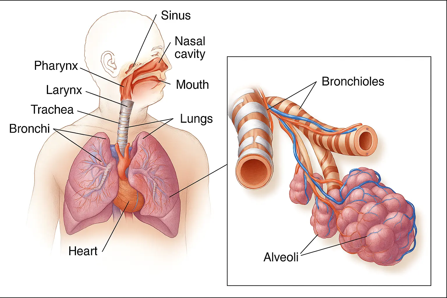 Labeled diagram of the human respiratory system from sinus to alveoli