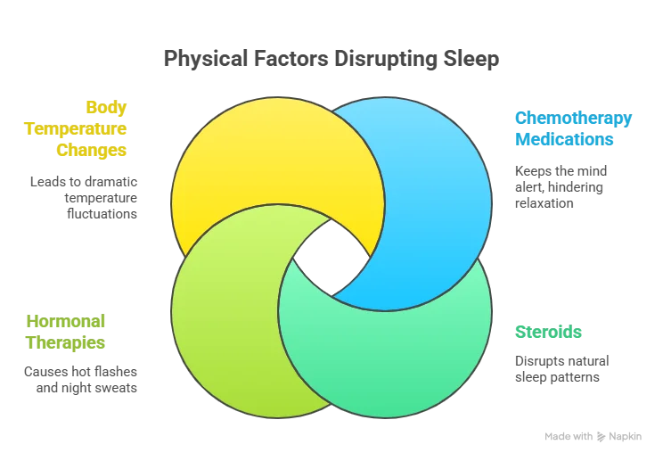 Physical factors disrupting sleep in breast cancer patients: body temperature changes, chemotherapy medications, hormonal therapies, and steroids