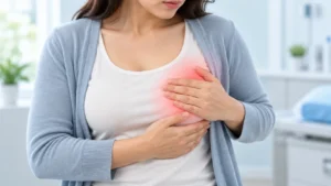 Woman holding her breast in pain from a breast infection